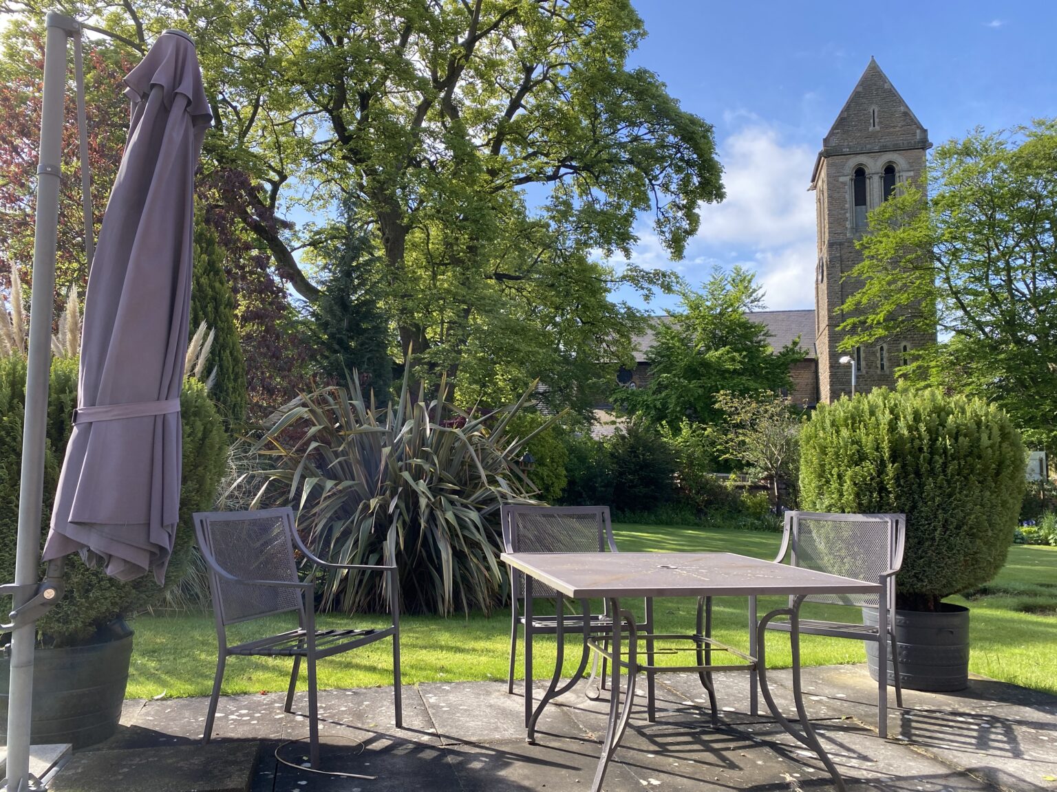 Patio & Table with church in the background